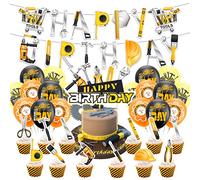 Accessoires de fête pour décorations de fête d'anniversaire - Boîte à outils, bannière Happy Birthday, décoration de cupcake, décoration de gâteau, ballons pour outils de fête à thème