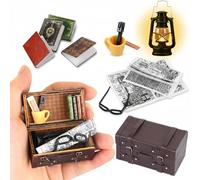 Accessoires de lutin de Noël - 1:12 - Accessoire miniature pour maison de poupée - Valise miniature 1/12 avec lampe à huile LED - Livres de journaux - Seins de dents miniatures - Livres de maison de