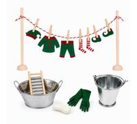 Accessoires de lutin de Noël, 25 pièces, corde à linge avec vêtements de | Scène de lavage miniature avec planche à laver, baignoire, seau, savon et gants, accessoire de porte de lutin pour décoration