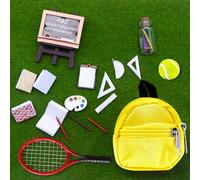 Accessoires de lutin de Noël - Maison de lutin - Porte de lutin - Mini boîte de lutin miniature - Raquette de tennis avec balle - Sac d'école - Tableau d'école - Ensemble 1/12 - Cadeaux pour maison de