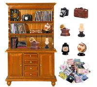 Accessoires de lutin de Noël miniatures livres maison de poupée accessoires de lutin miniature décoration de Noël avec appareil photo, valise, tourne-disque, lampe à huile globe