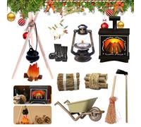 Accessoires de Lutin pour Cheminée,Cheminée Miniature Noel,Cheminée Maison de Poupée LED,Accessoires de Lutin Foyer,Lampe à Pétrole,Pelle à Foin,Lampe Colorée Miniature,Houe,Bottes en Caoutchouc