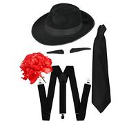 Accessoires de luxe de gangster pour adulte avec un chapeau en feutre noir à bande blanche + des bretelles noires + une cravatte noire. Ideal pour les enterrements de vie de garçon.