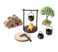 Accessoires de Maison de poupée feu Camp à l'échelle 1/12, Pot Suspendu en métal avec tas Bois Chauffage Artificiel, Accessoires Camping pour Maison poupée, scène feu