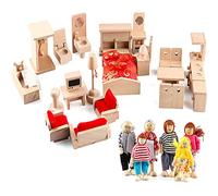Accessoires de meubles de maison de poupée en bois pour salle de bain, salon, salle à manger, chambre à coucher, cuisine, 6 poupées familiales, jouets pour enfants, cadeaux d'anniversaire de Noël pour