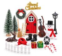 Accessoires de Noël pour Les lutins-22 Accessoire Maison de Poupee | mini-sapin de Noël, écharpe et bonnet de Noël en tricot, couronne de Noël, petite porte rouge d’elfe, échelle en bois