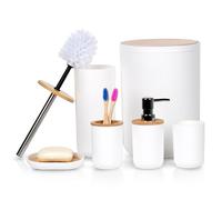 Accessoires de salle de bain - Vilde - 6 pièces - Plastique blanc - Bois de bambou - Design moderne