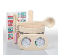 Accessoires de sauna en bois de pin, 6 pièces, seau de 3 l avec insert en plastique, louche de 36 cm, sablier, thermomètre arrondi - Hygromètre, poster de sauna laminé en langue allemande
