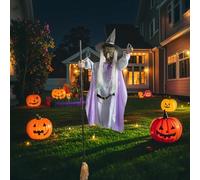 Accessoires de scène animés pour Halloween, décorations d'Halloween avec sorcières volantes, sorcières suspendues animées sur un balai de 1,8 m avec sons et lumières effrayantes pour le jardin
