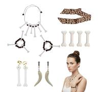 Accessoires déguisement homme 12 pièces - Serre-tête os, colliers, boucles d’oreilles et bracelets - Taille unique - Blanc et léopard - Costume préhistorique Halloween fête