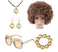 Accessoires Disco des années 70 pour femmes,Bijoux Disco pour femmes des années 70 - Costume de rappeur Bling 5 pièces ensemble de costumes disco,Perruque afro, boucles d'oreilles, lunet