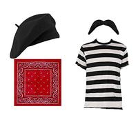 Accessoires du parfait Français avec le beret noir + un T-shirt à rayures noir et blanc + une fausse moustache noire + un badana rouge. Ideal pour les enterrements de vie de garçon. ( Medium )