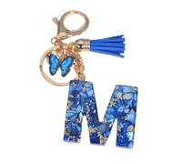 Accessoires Du VêTement Porte-clés en résine bleue scintillante, 26 lettres, pendentif délicat avec pompon papillon, initiales for femmes et hommes, breloque de sac, accessoires de voiture(M)