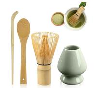 Accessoires Japonais pour Cérémonie du Matcha : LEKEFET Set Fouet Matcha 4 Pièces, Fouet Matcha avec 2 Cuillères Matcha, EnsembleThé Matcha, Support Fouet Céramique, Ensemble Parfait pour Préparation