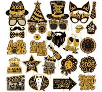 Accessoires Photo Booth Nouvel an 2026 - 30 pcs Noir & Or, Props Rigolos pour Réveillon “Happy New Year” Celebration