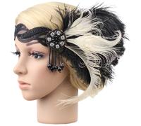 Accessoires pour femme Déco Art, Bandeau Charleston années 1920, avec pompon perle plume coiffe noir et blanc, bandeau réglable, fête rugissante années 20