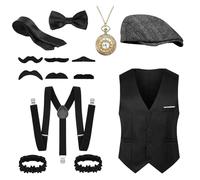 Accessoires pour homme des années 20 - Costume de carnaval mafia pour homme - Accessoires des années 20 - Chapeau Panama - Montre à poche vintage - Costume de carnaval - Bretelles - Ensemble décoratif