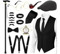 Accessoires pour homme des années 20, costume de gangster Gatsby des années 1920, costume de carnaval de mafia, accessoire vestimentaire des années 1920 avec gilet, béret, cravate, nœud papillon