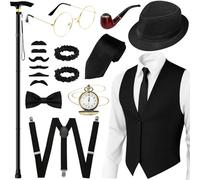 Accessoires pour homme des années 20, costume de mafia des années 20, costume de mafia des années 20 avec gilet, cylindre, béquille pliable, bretelles, cravate, nœud papillon, moustache, tenues pour
