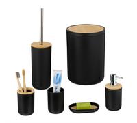Relaxdays Accessoires de Salle de Bain, 6 pièces, en Plastique et Bambou, Set Complet, Noir et Nature
