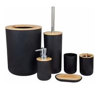 Accessoires Salle Bain Set Porte-Brosse à Dents Bambou Comptoir en Bois Autoportant Distributeur Savon Tasse Cuisine Brosse Toilette Salon Poubelle Économie d'espace Douche Maison Hôtel Plat(Noir)