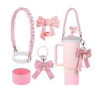 Accessoires Stanley Cup, 5 PièCes Stanley Cup Accessoires Sangle de PoignéE TisséE Boho Couvercles de Paille Peluche Accessoire Gourde éTuis en Silicone, Rose