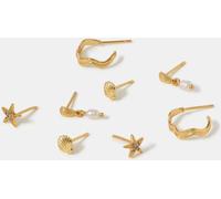 Accessorize Accessorize Gold 14ct Gold-Plated Shell Pearl Stud & Hoop Earrings 4 Pack