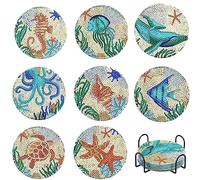 Accfore Lot de 8 dessous de verre de peinture diamant, boissons à faire soi-même, kits d'art diamant pour adultes, enfants, débutants, fournitures d'artisanat (océan)