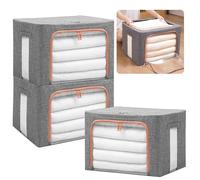 Accmuzzy Lot de 3 Sacs de Rangement avec Cadre Métallique 66L,Boîte de Rangement pour Vêtements et Penderies, Boîte de Rangement Pliable pour Armoire et Dressing (66L-3 PACK)