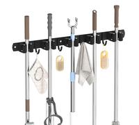 Accroche Balai Mural, 5 Support Balais Mural et 4 Crochets Noir, Porte Balai avec Percage ou Adhésif san Percage, Organisateur pour Salle de bain, Garage, Range outils de jardin, Cuisine