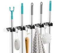 Cheerhom Accroche Balai Mural, 5 Supports + 4 Crochets Noir Porte Balais Mural, Support Balais Mural, Porte Balais Mural Sans Percage, Rangement Balai, Attache Balai Mural