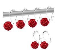 Accroche Rideau Crochets for Rideau de Douche à Double Glissement, 12 pièces, Anneau Crochet décoratif antirouille avec Fleur en résine for tringles Salle Bain(Red)