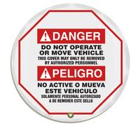 Accuform KDD733 STOPOUT Vinyl Spanish Bilingual Steering Wheel Message Cover, ANSI-Style Legend "DANGER DO NOT OPERATE OR MOVE VEHICLE - THIS COVER MAY ONLY BE REMOVED BY AUTHORIZED PERSONNEL/PELIGRO NO ACTIVE O MUEVA ESTE VEHICULO - SOLAMENTE PERSONAL AUTORIZADO A DE REMOVER ESTE SELLO", 24" Diameter, Red/Black on White