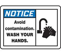 Accuform MCHL811VA Aluminum Safety Sign, Legend"Notice Avoid Contamination WASH Your Hands" with Graphic, 10" Length x 14" Width, Blue/Black on White