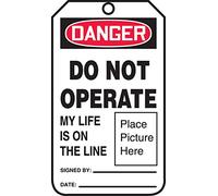 Accuform MDT027PTP Lot de 25 étiquettes de sécurité en plastique RP, légende « Danger Do Not Operate My Life is On The Line » 14,6 cm de long x 8,3 cm de large x 0 cm d'épaisseur, rouge/noir sur blanc