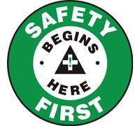 Accuform MFS801 Slip-Gard Panneau de sol rond en vinyle adhésif, légende « Safety First - Safety Begins Here », 20,3 cm de diamètre, vert/noir/blanc