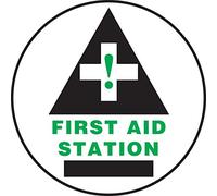 Accuform MFS827 Slip-Gard Panneau de sol rond en vinyle adhésif, légende « First Aid Station (flèche) » avec graphique, 20,3 cm de diamètre, vert/noir sur blanc