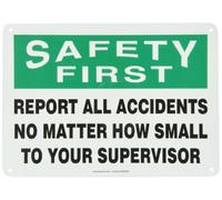 Accuform MGSH904VA Aluminum Safety Sign, Legend "SAFETY FIRST REPORT ALL ACCIDENTS NO MATTER HOW SMALL TO YOUR SUPERVISOR", 10" Length x 14" Width, Green/Black on White