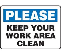 Accuform MHSK927VS Sign, Legend"Please Keep Your Work Area Clean", 10" Length x 14" Width x 0.004" Thickness, Adhesive Vinyl, 10" x 14", Blue/Black on White