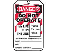 Accuform MLT600CTM Lot de 5 étiquettes de verrouillage en carton avec inscription « Danger Do Not Operate My Life Is On The Line » 14,5 cm x 8,3 cm x 0,3 cm Rouge/noir sur blanc
