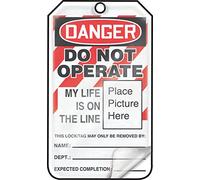 Accuform MLT600LCM Lot de 5 étiquettes de verrouillage en carton avec inscription « Danger Do Not Operate My Life Is On The Line » 14,5 x 8,3 x 0,3 cm Rouge/noir sur blanc