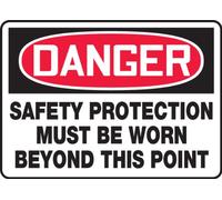 Accuform MPPE134XV Adhesive Dura-Vinyl Sign, Legend"Danger Safety Protection Must BE Worn Beyond This Point", 10" Length x 14" Width x 0.006" Thickness, Red/Black on White