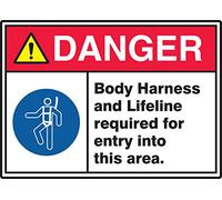 Accuform MRHL012VA Aluminum Sign, Legend"Danger Body Harness and Lifeline Required for Entry INTO This", 7" Length x 10" Width, Red/Black/Blue/Yellow on White