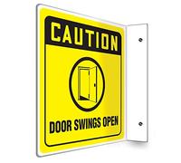 Accuform PSP233 Projection Sign 90D, Legend"CAUTION DOOR SWINGS OPEN", 8" x 8" Panel, 0.10" Thick High-Impact Plastic, Pre-Drilled Mounting Holes, Black on Yellow