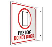 Accuform PSP243 Projection Sign 90D, Legend"FIRE Door DO NOT Block", 8" x 8" Panel, 0.10" Thick High-Impact Plastic, Pre-Drilled Mounting Holes, Red/Black on White