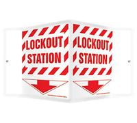 Accuform PSP313 Projection Sign 3D, Legend"Lockout Station", 6" x 5" Panel, 0.10" Thick High-Impact Plastic, Pre-Drilled Mounting Holes, White on Red