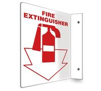 Accuform PSP417 Projection Sign 90D, Legend"FIRE EXTINGUISHER (ARROW)" with Graphic, 12" x 9" Panel, 0.10" Thick High-Impact Plastic, Pre-Drilled Mounting Holes, Red on White