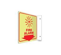 Accuform PSP451 Projection Sign 90D, Legend"FIRE Alarm", 0.10" Thick High-Impact Lumi-Glow Plastic, Pre-Drilled Mounting Holes, Plastic, 8" x 8", Red on Glow