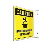Accuform PSP474 Projection Sign 90D, Legend"Caution Hard HAT Required in This Area", 8" x 8" Panel, 0.10" Thick High-Impact Plastic, Pre-Drilled Mounting Holes, Black on Yellow
