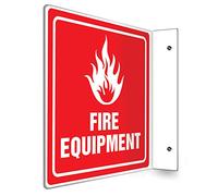 Accuform PSP722 Projection Sign 90D, Legend"FIRE EQUIPMENT", 8" x 8" Panel, 0.10" Thick High-Impact Plastic, Pre-Drilled Mounting Holes, White on Red